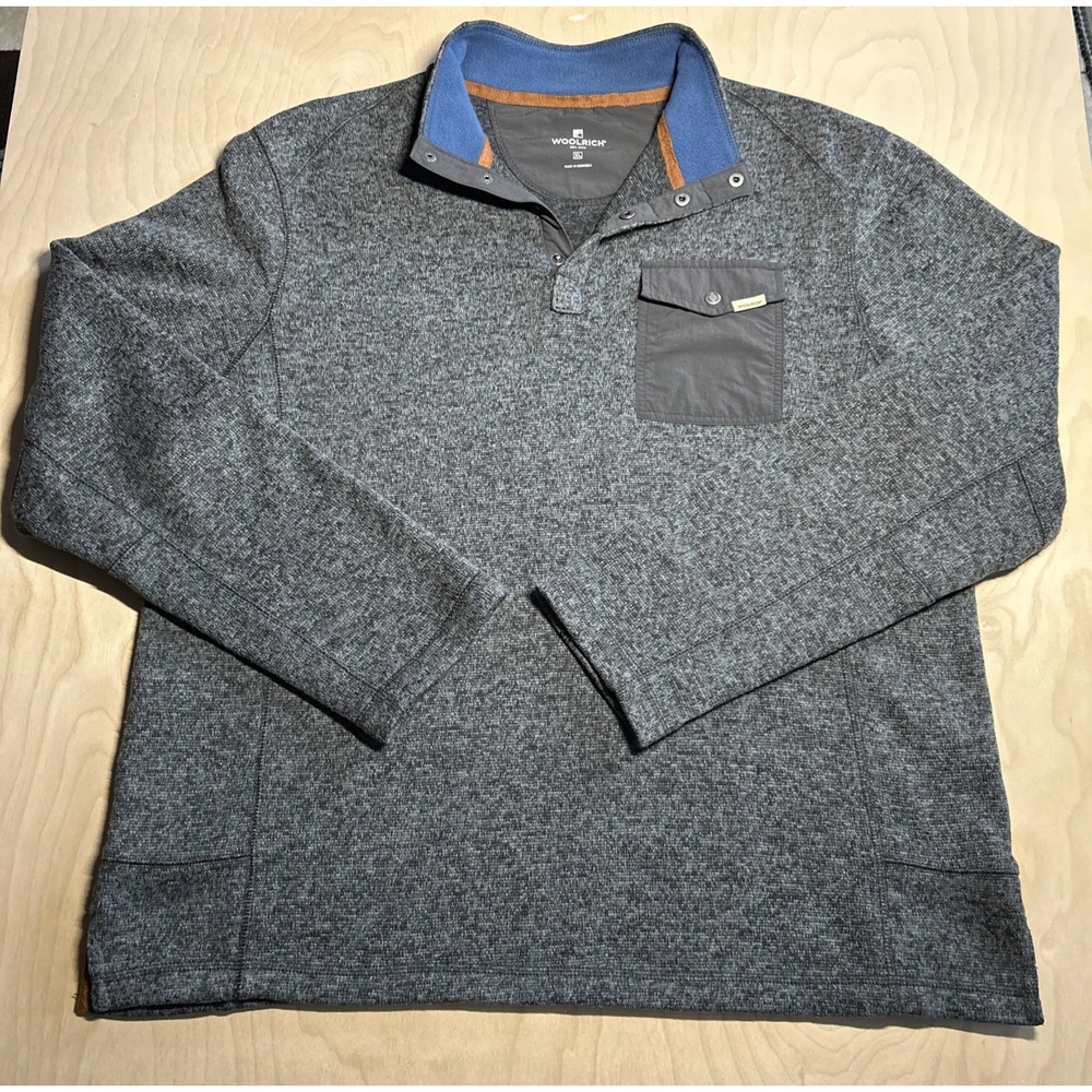 Woolrich Sweater Mens XL Gray 1/4 Snap Button Pullover Fleece Long Sleeve Men